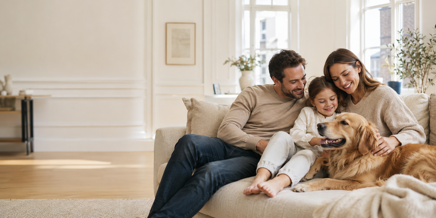 Family enjoying time together with their dog in a clean living room