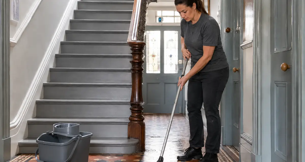 Cleaner mopping the shared entrance and staircase of a converted HMO