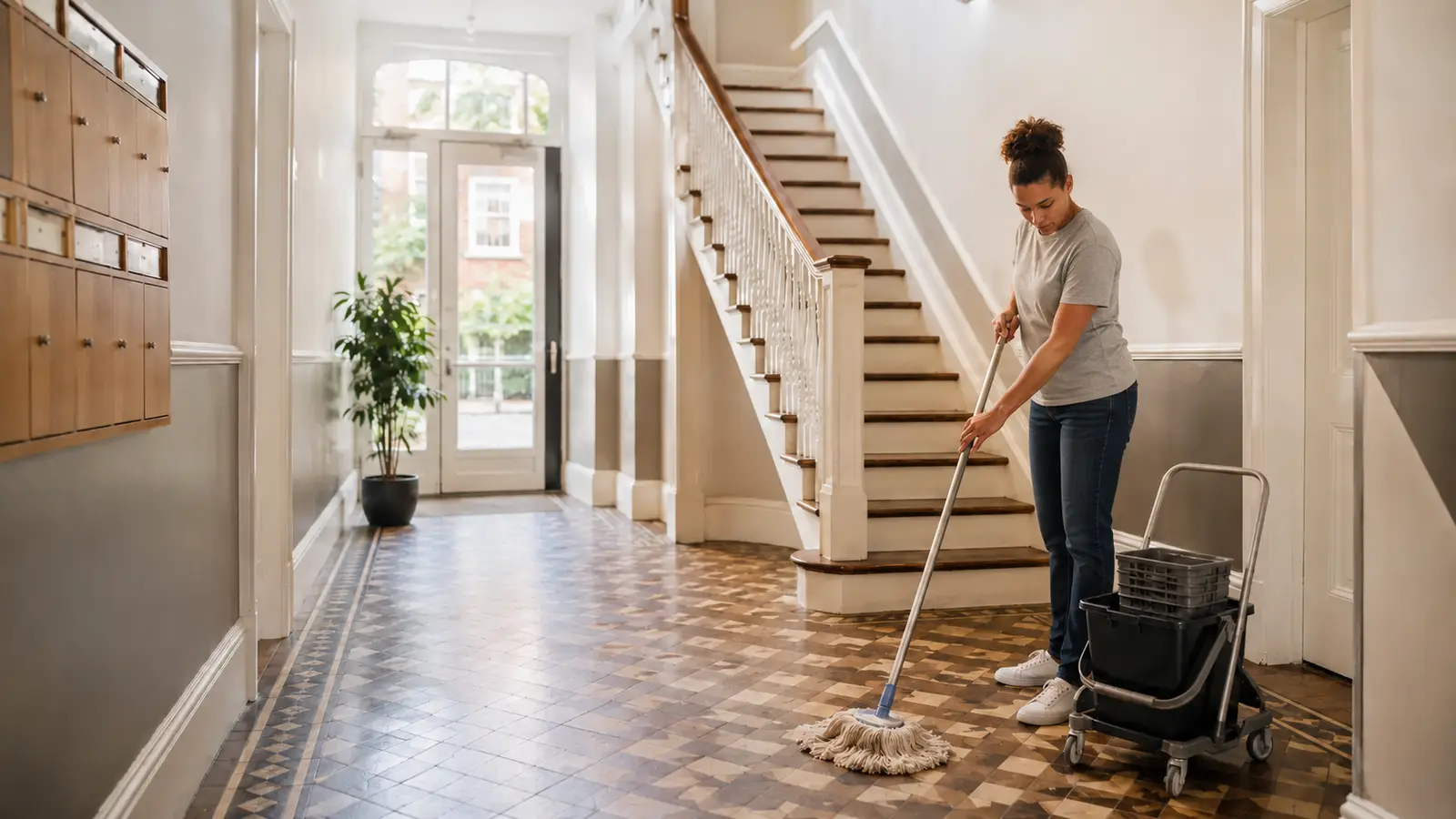 Cleaner mopping a bright shared residential entrance