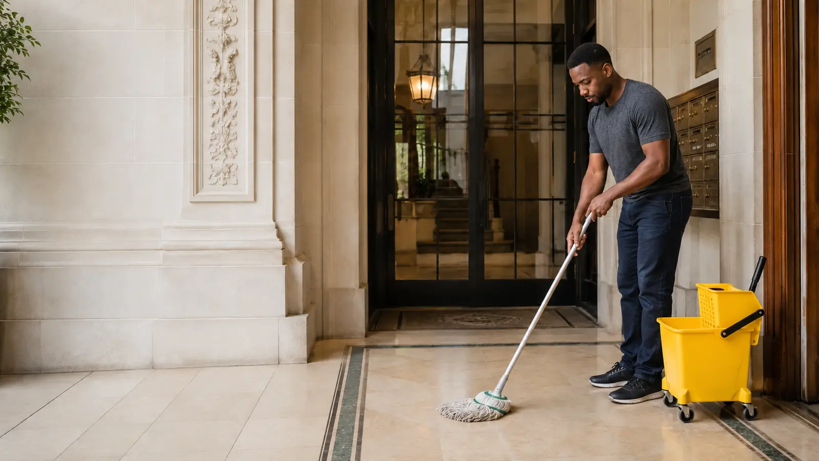 Professional cleaner mopping the communal entrance of a Westminster residential building
