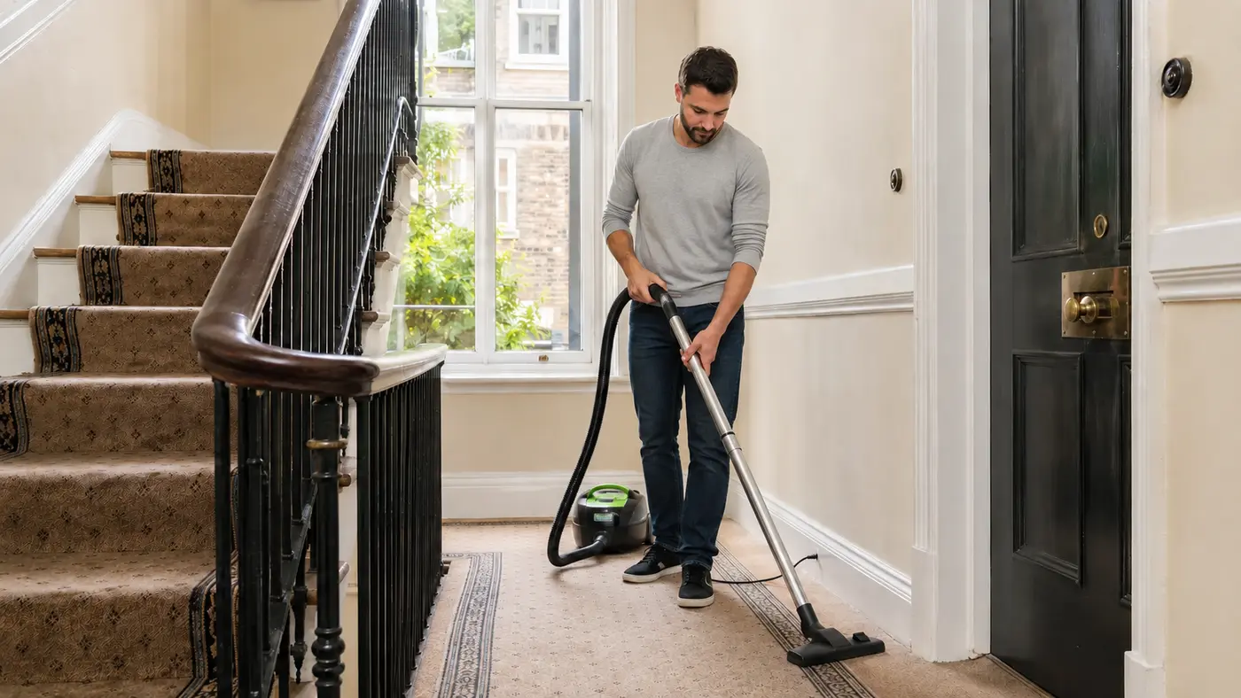 Cleaner vacuuming a shared staircase and landing in a converted Westminster property