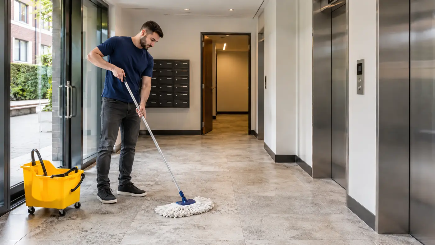 Professional cleaner maintaining a shared residential entrance in Westminster