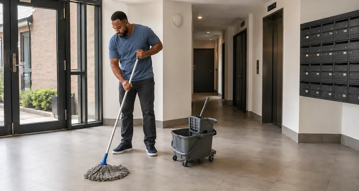 Cleaner using a Kentucky mop in a shared residential entrance